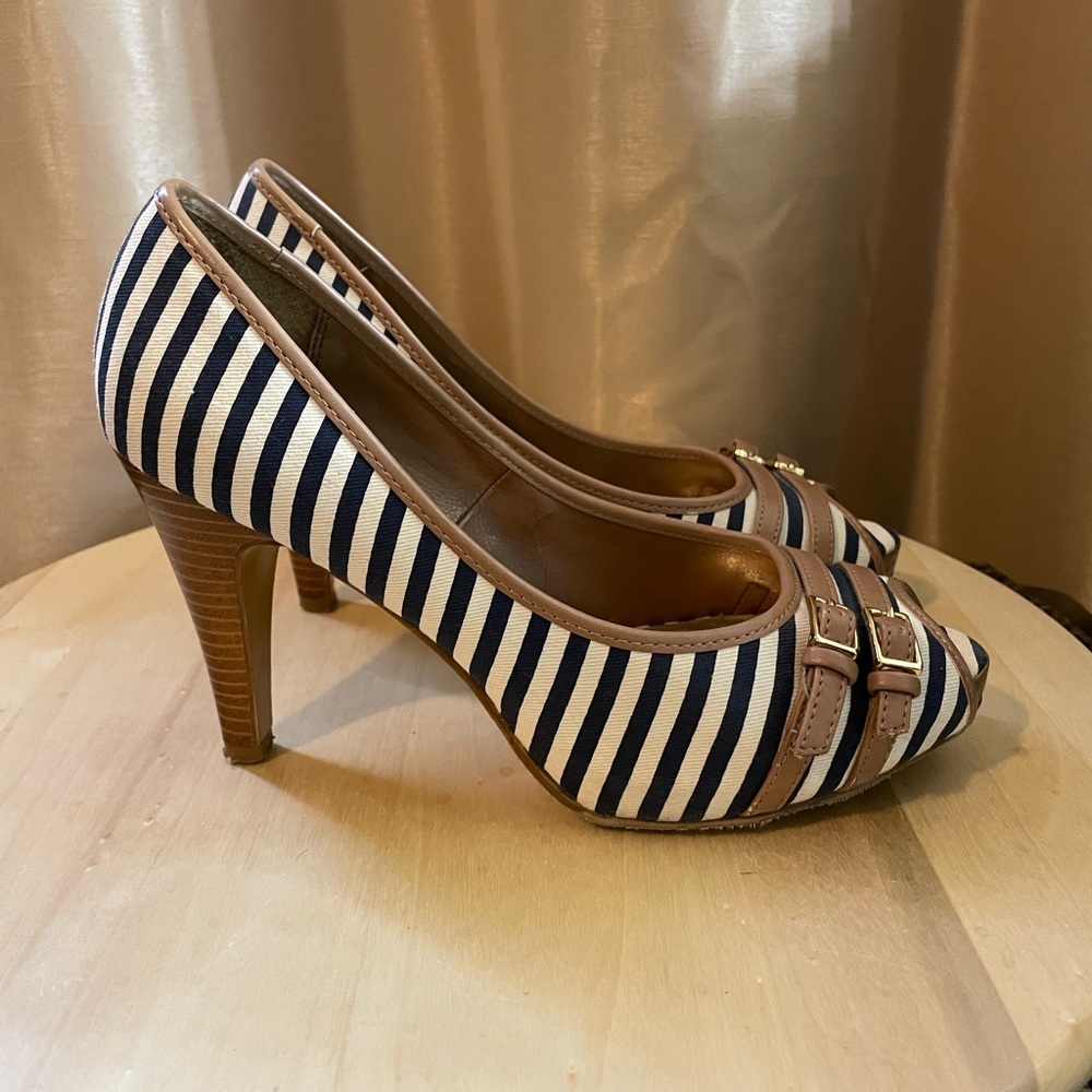 Candie’s Navy Blue White Striped Open Toe Heels, Size 7M